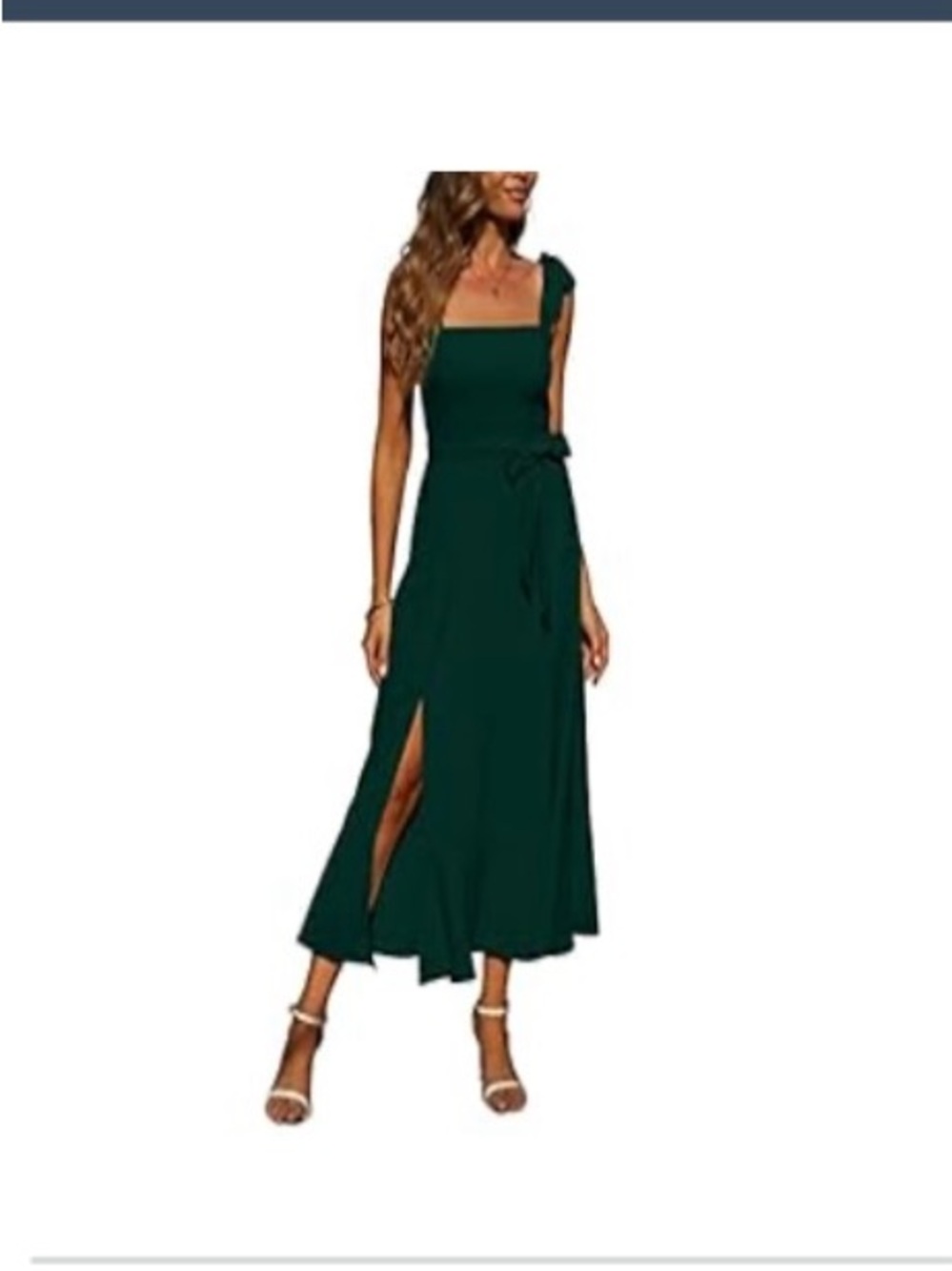 Amazon Dark Green Dress with Square Neck & Side Slit & Tie Up Straps
